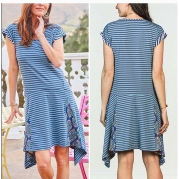 Matilda Jane Walkabout Blue Striped Dress With Floral Insets Size S - Picture 1 of 7